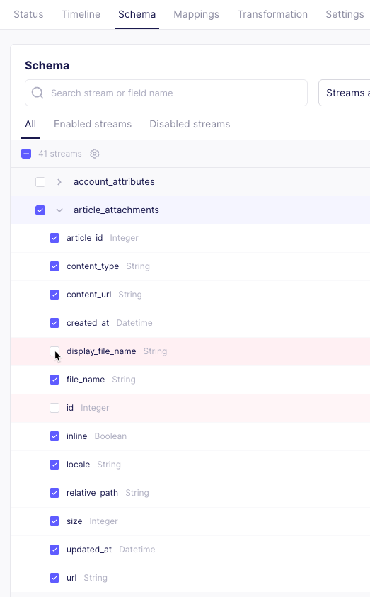 article_attachments stream with various fields selected and deselected